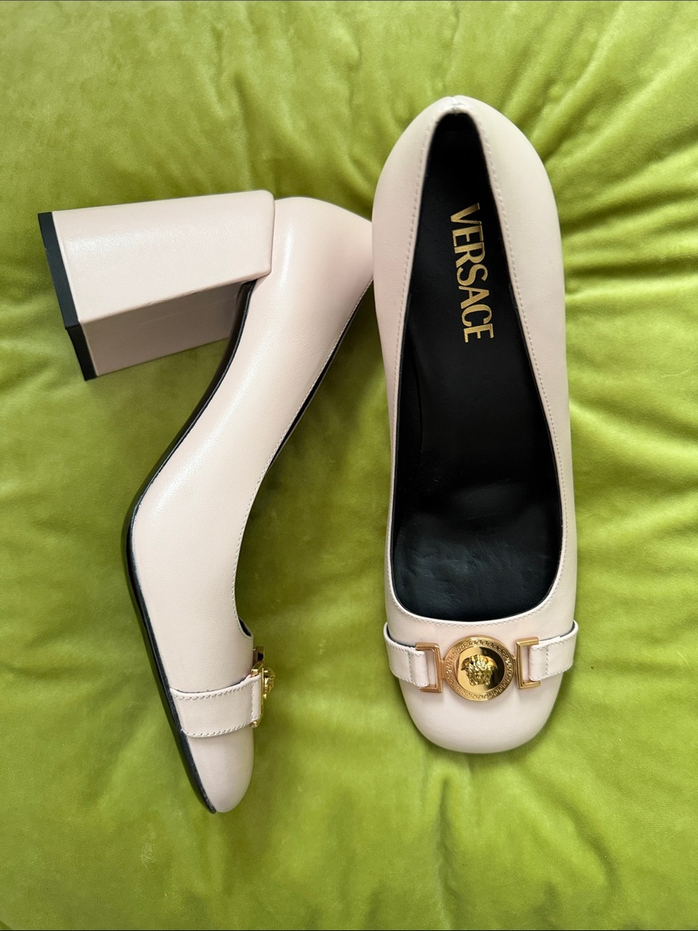 Versace Pink Block Heel Pumps with Gold Medusa Plaque-AUTHENTIC